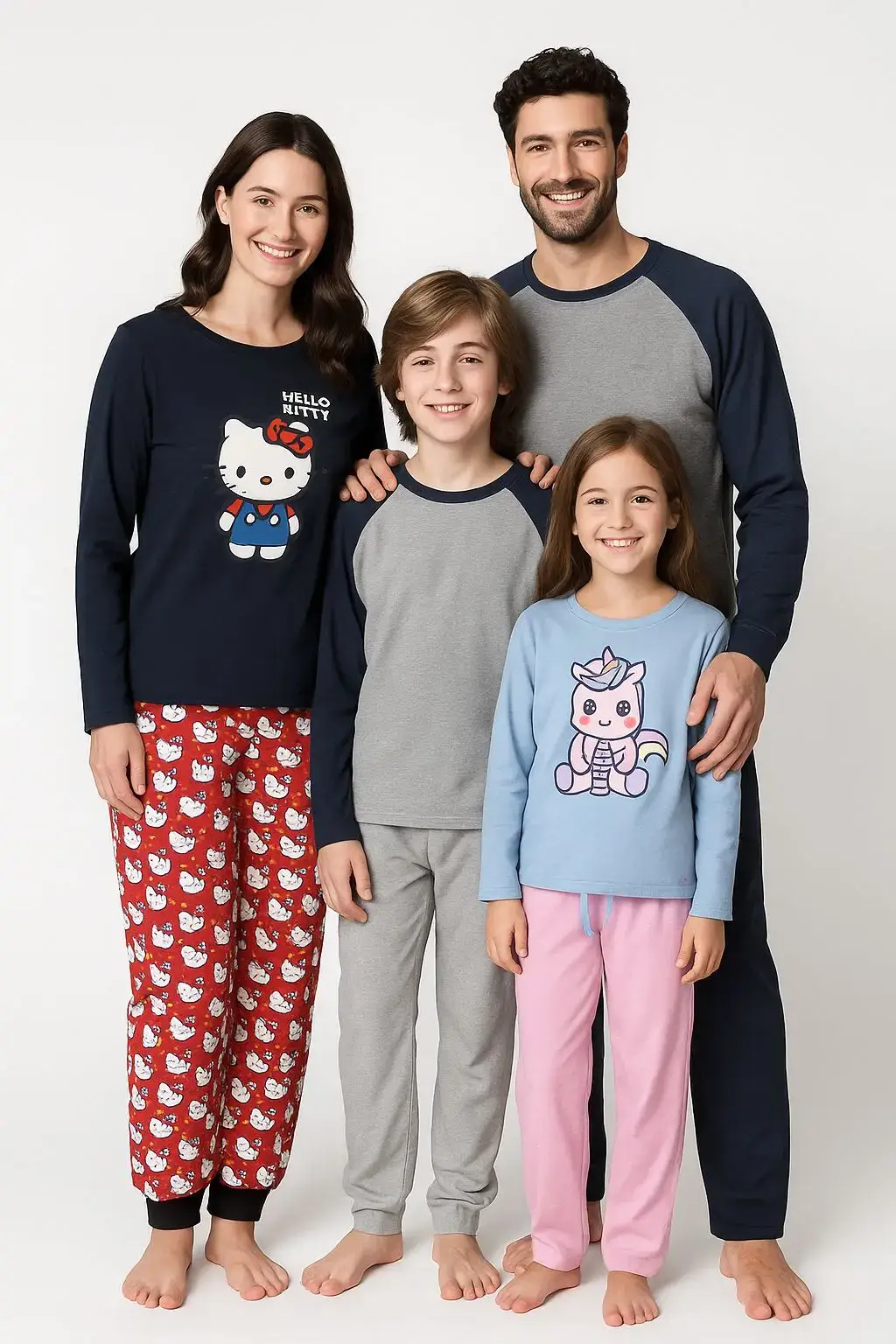 Familia sonriente en pijamas de invierno